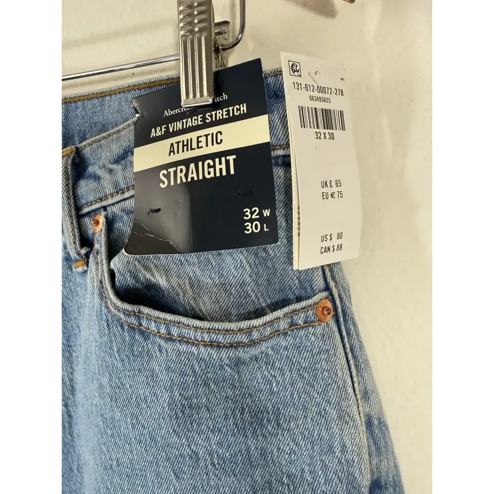 NWT Abercrombie & Fitch Vintage Stretch Athletic Straight Jeans 32x30 Blue Wash